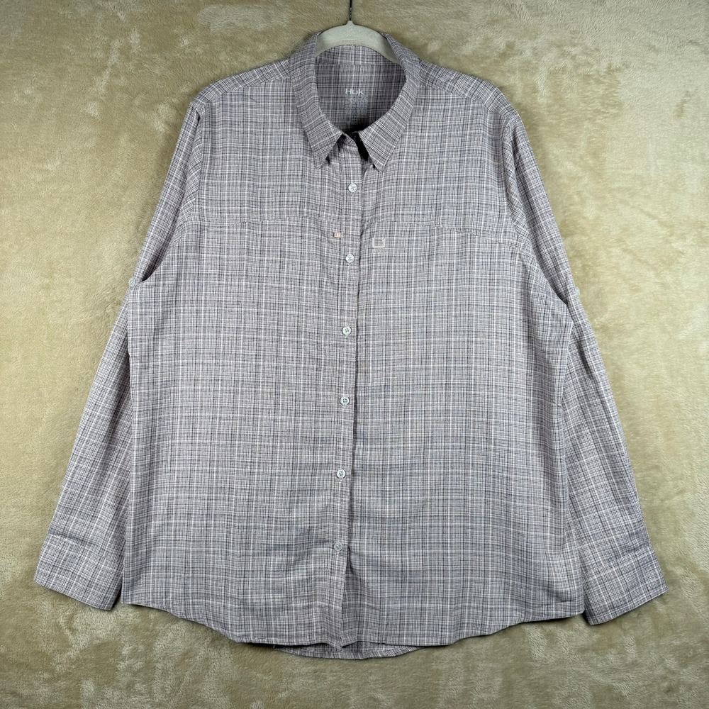 Huk Mens 2XL Long Sleeve Button Down Fishing‎ Shirt Lilac Plaid Outdoor Hiking